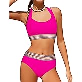 HOTOME Girls Swimsuit 2 Piece Color Block Halterneck Bikini Sets with Adjustable Straps High Waist Girls Bathing Suits 9-16Y