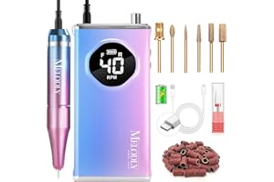Electric Nail Drill File Kit Professional 40000 RPM, Melodly Rechargeable Electric Nail File Machine Kit for Acrylic Gel Nails Polishing Removing, Portable Cordless Efile with Gold Bits at Salon Home