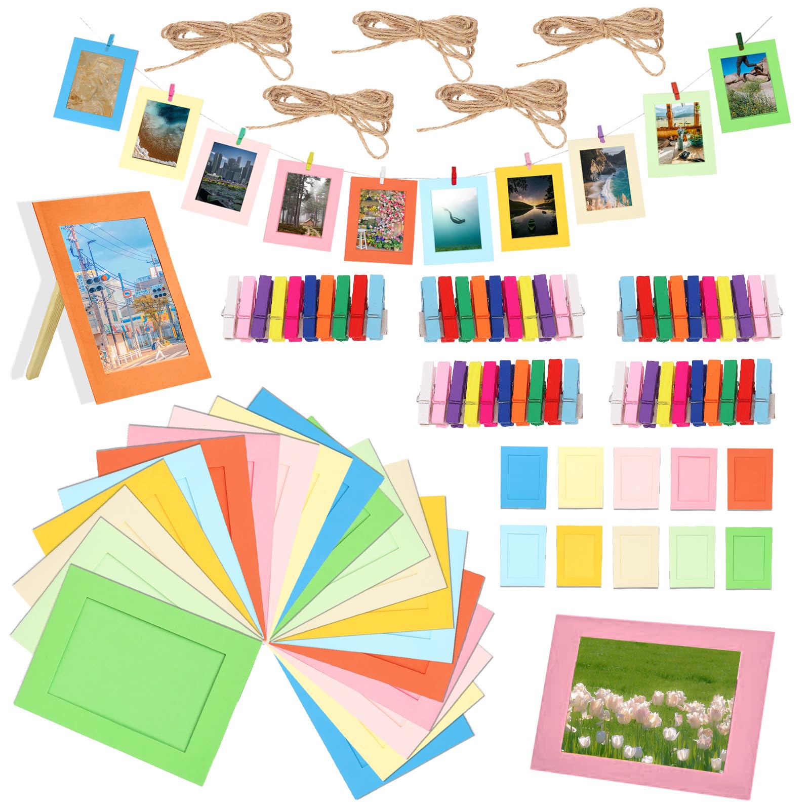 Swpeet 105Pcs 5 Inch Colorful Paper Photo Frames Set for 3"x5" Photo, Hanging Photo Display Frames, Includes 50Pcs 5 Inch Hanging Album Frame, 50Pcs Colorful Clips and 5Pcs 78" Strings for Wall Decor