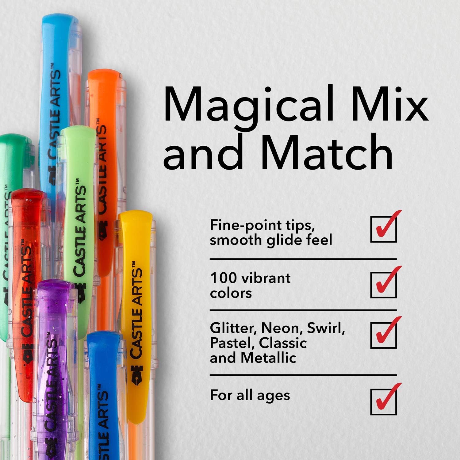 Castle Art Supplies 100 Gel Pens Set with Case for Adults Children Artists | Ideal for Coloring Books Drawing Scrapbooking Writing | Swirl Pastel Metallic Glitter and Neon Smooth Fine Tip Gels : Office Products