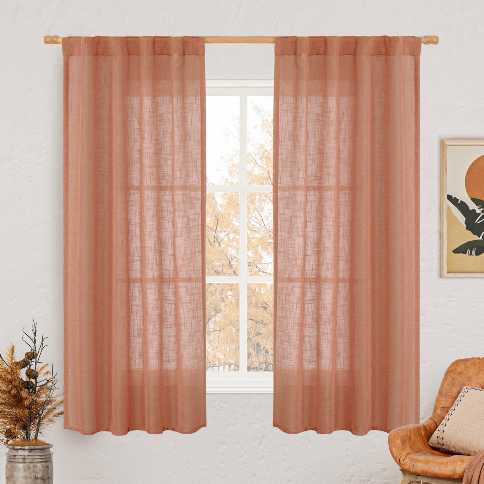 Photo 1 of LAMIT Terracotta Linen Semi Sheer Curtains 63 Inch for Bedroom, Light Filtering Neutral Window Curtains Farmhouse Boho Back Tab and Rod Pocket Panels, 2 Panels, 38 x 63 Inch