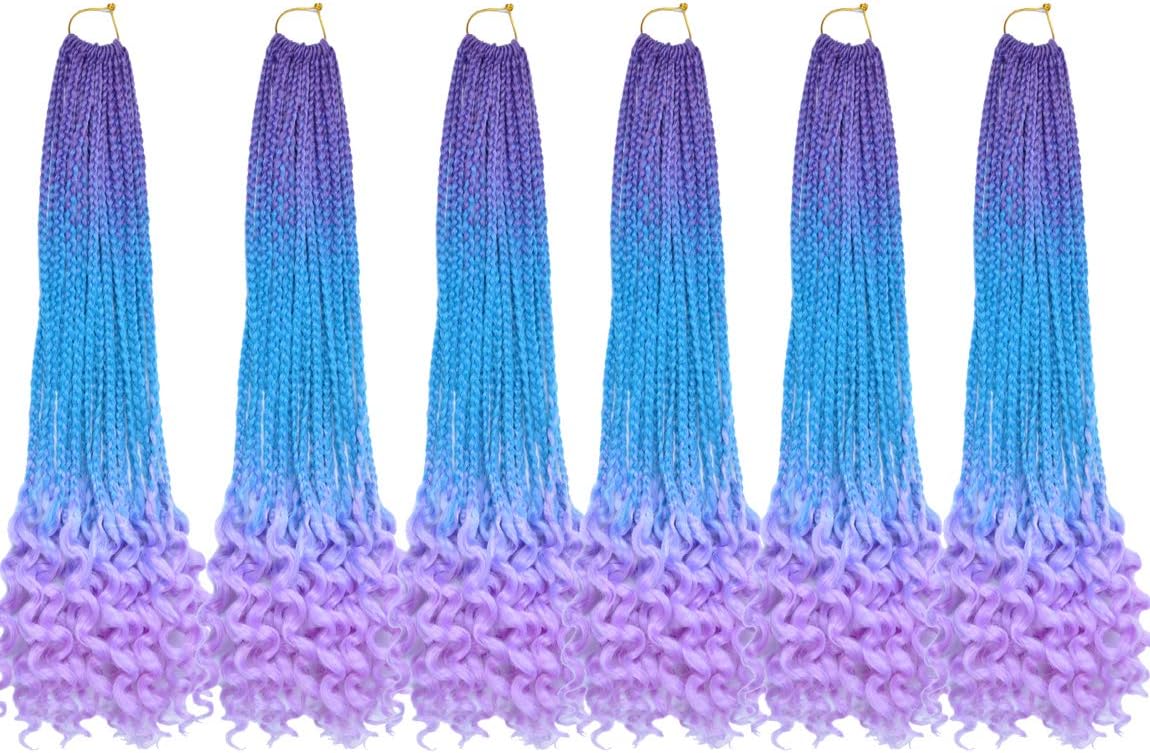 MSCHARM 6 Packs 22 Strands/Pack Crochet Curly Ends Ombre Hair Extensions Synthetic Braiding Hair Box Braids(Purple-Light Blue-Light Purple)