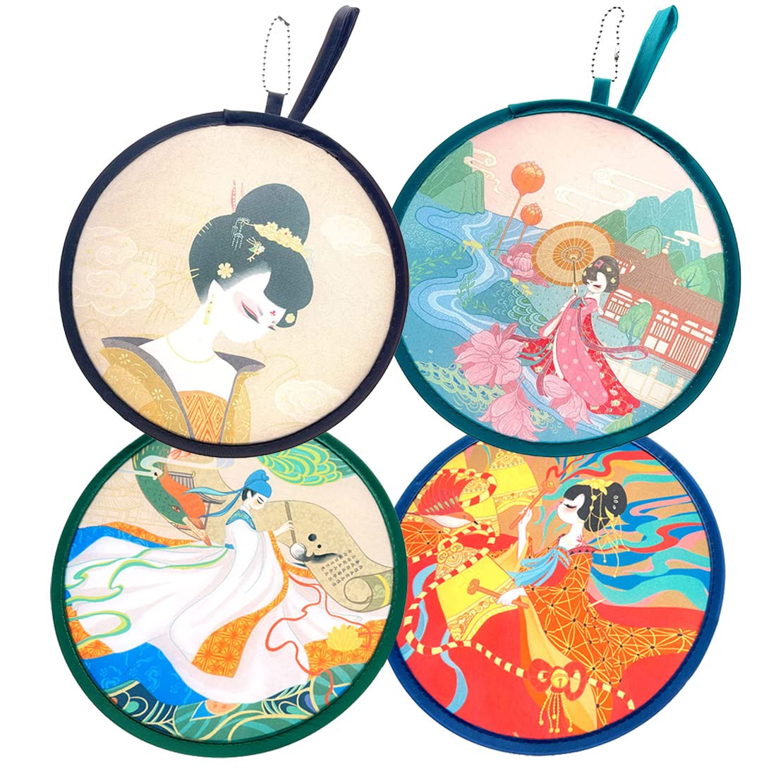LTCT Foldable Fan Summer Handheld Round Folding Fan Chinese Style Tang Dynasty Poet Beauty Pattern Hand Fan Personal Decoration Wedding Party Decor Daily Use 4 Units Different Patterns