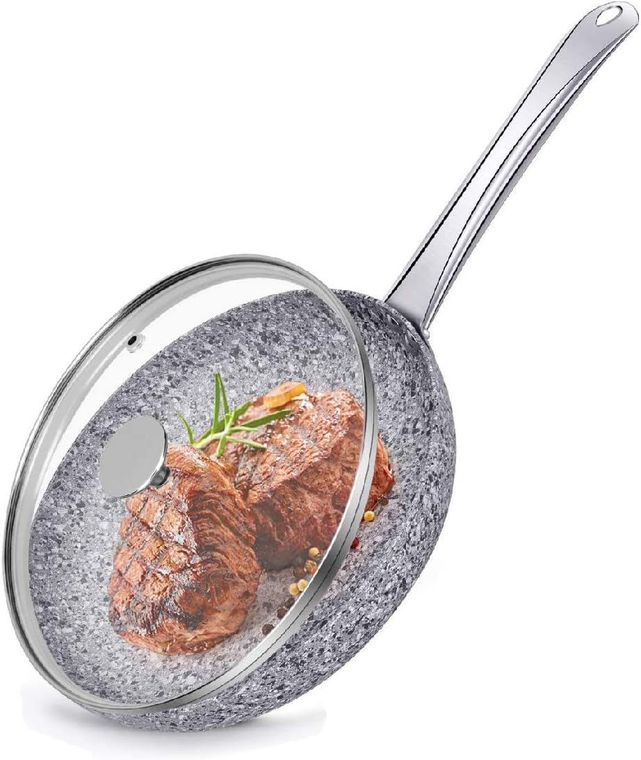 8" Nonstick Frying Pans with Lids - Granite Skillet, Aluminum Frying Pan with APEO & PFOA-Free Stone Earth Non Stick Coating, Stir Fry Pans with Stainless Steel Ergonomic Handle, Oven Safe: Kitchen & Dining