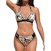 CUPSHE Women's Bikini Sets Two Piece Swimsuit Halter V Neck Back Hook Cutout Stitching Cheeky Bottom