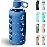 purifyou 40oz / 32oz / 22oz / 12oz Borosilicate Glass Water Bottle with Time & Volume Markers, Silicone Sleeve, Stainless Steel Lid | Reusable Glass Bottle for Water & Juice (22oz Chinese Porcelain)