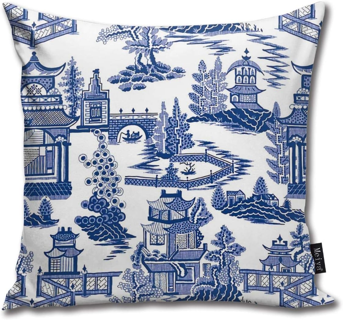 QMS CONTRACTING LIMITED Throw Pillow Cover Blue And White Chinoiserie Decorative Pillow Case Home Decor Square 18x18 Inches Pillowcase
