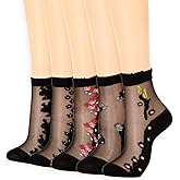 Campsis Sheer Socks, Black Sheer Ankle Socks, Floral Patterned Nylon socks for Women