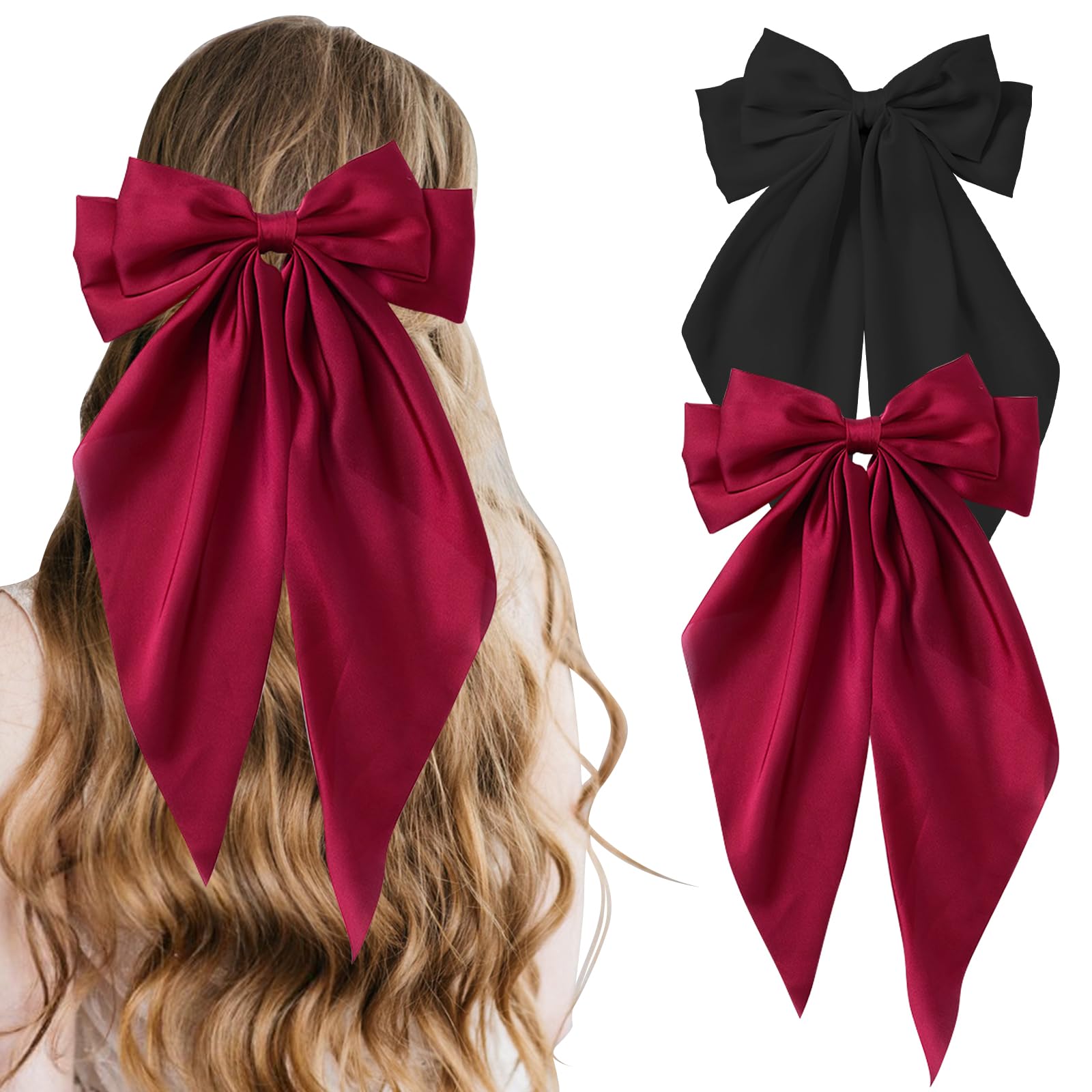 COLANANA 2 Pcs Big Hair Bow,Black Burgundy Big Bows for Girls,Bowknot Hairpin French Hair Clips With Long Silky Satin Hair Barrettes Accessories Bow Hair Clips for Women Girl