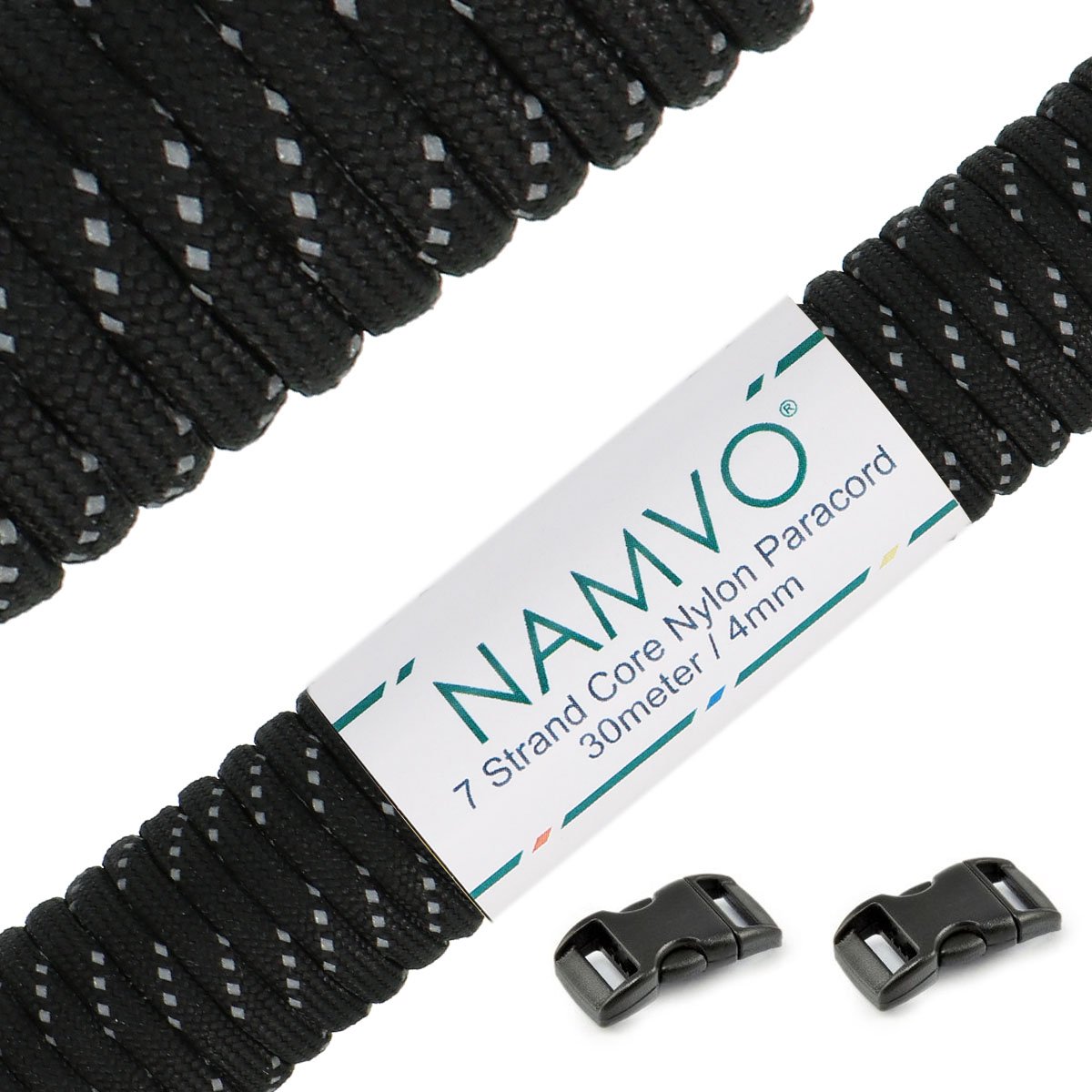 Namvo Black Reflective 550 Paracord Mil Spec Type III 7 strand parachute cord 100ft / 30 Meters
