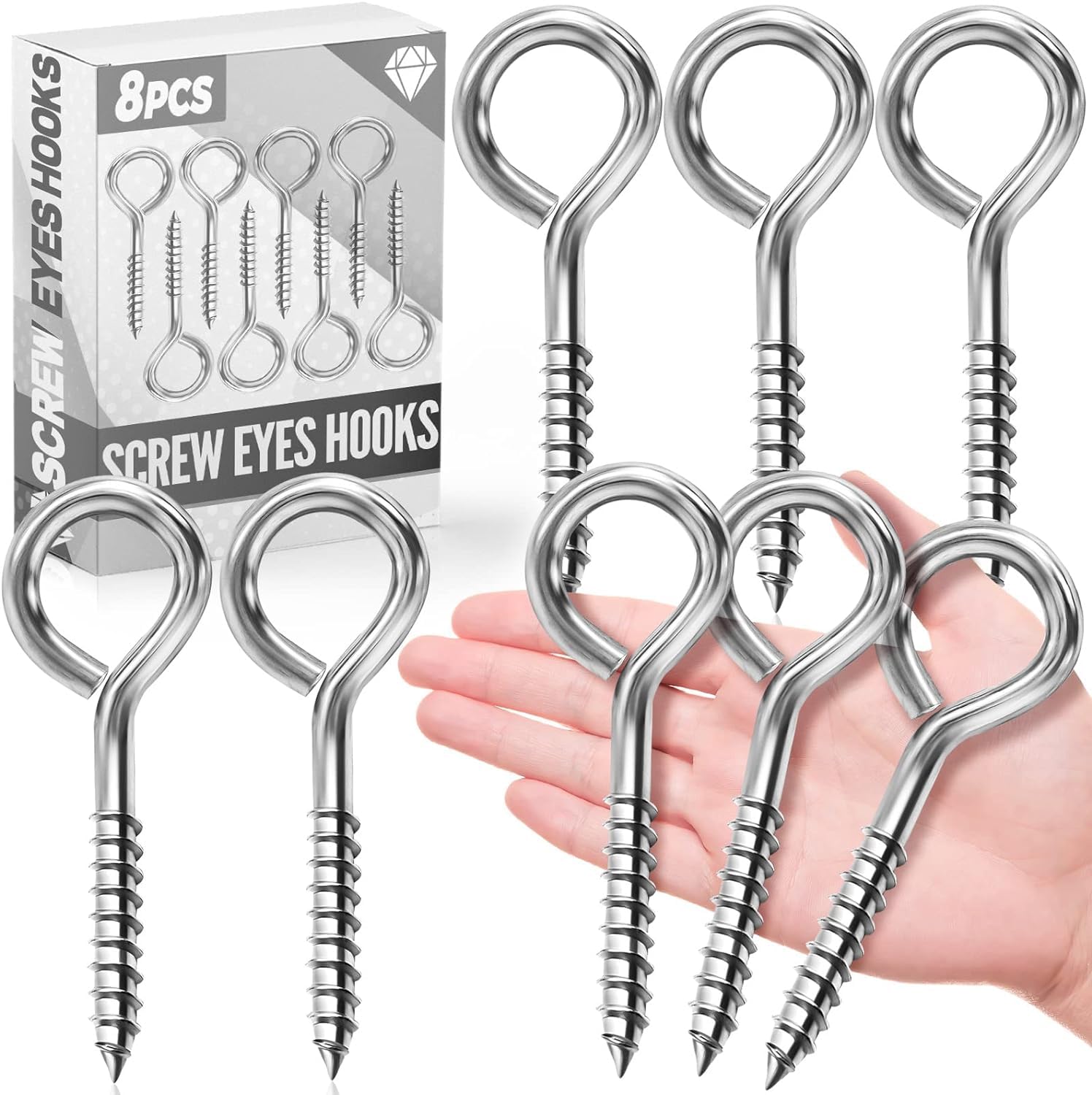 FFWHKON 5 Inch Eye Hooks, Eye Bolts Screw in, 8 Pack Heavy Duty Silver Large Screw Eye Hooks for Hanging, Tie-Downs, Heavy-Duty Applications