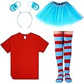 Women Tulle Tutu Costume Accessories Set, Women T Shirt Striped Thigh High Socks Adult Tutu Skirt Blue Headband