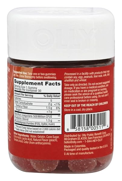 OLLY PROBIOTIC + PREBIOTIC GUMMY, DIGESTIVE SUPPORT AND GUT HEALTH, 500 MILLION CFUS, FIBER, ADULT CHEWABLE SUPPLEMENT FOR MEN AND WOMEN, PEACH, 30 DAY SUPPLY – 30 COUNT