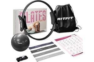 RitFit Pilates Kit - 14 Inch Pilates Ring Magic Circle with Pilates Ball, Resistance Bands & Yoga Strap, Pilates Equipment for Home Workout Toning Thighs, Arms and Core (Black/Pink)