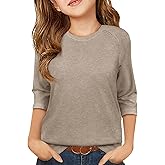 ZDC Girls Casual 3/4 Sleeve T Shirts Kids Cute Crewneck Tops Basic Tees Blouse for 5-14 Years