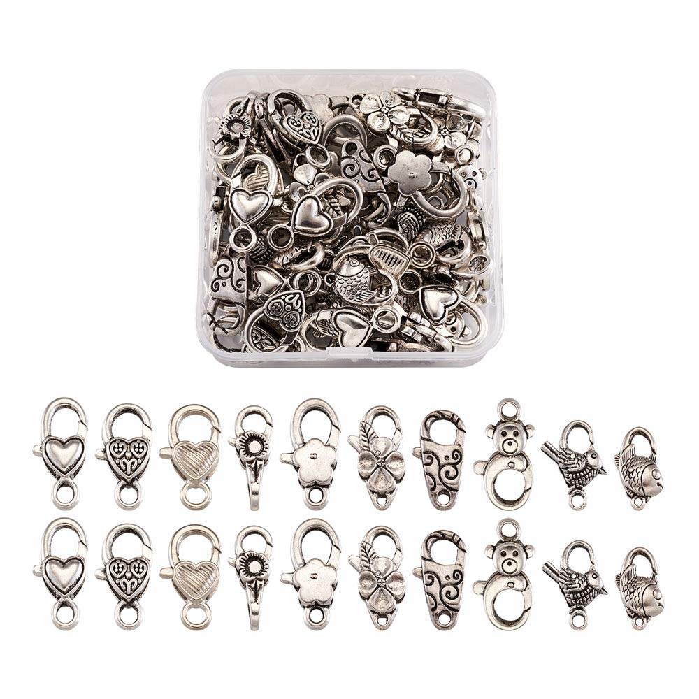 Cheriswelry 60pcs Tibetan Silver Lobster Claw Clasps 10 Styles Jewelry Clasps Chain Connector for Jewellery Making
