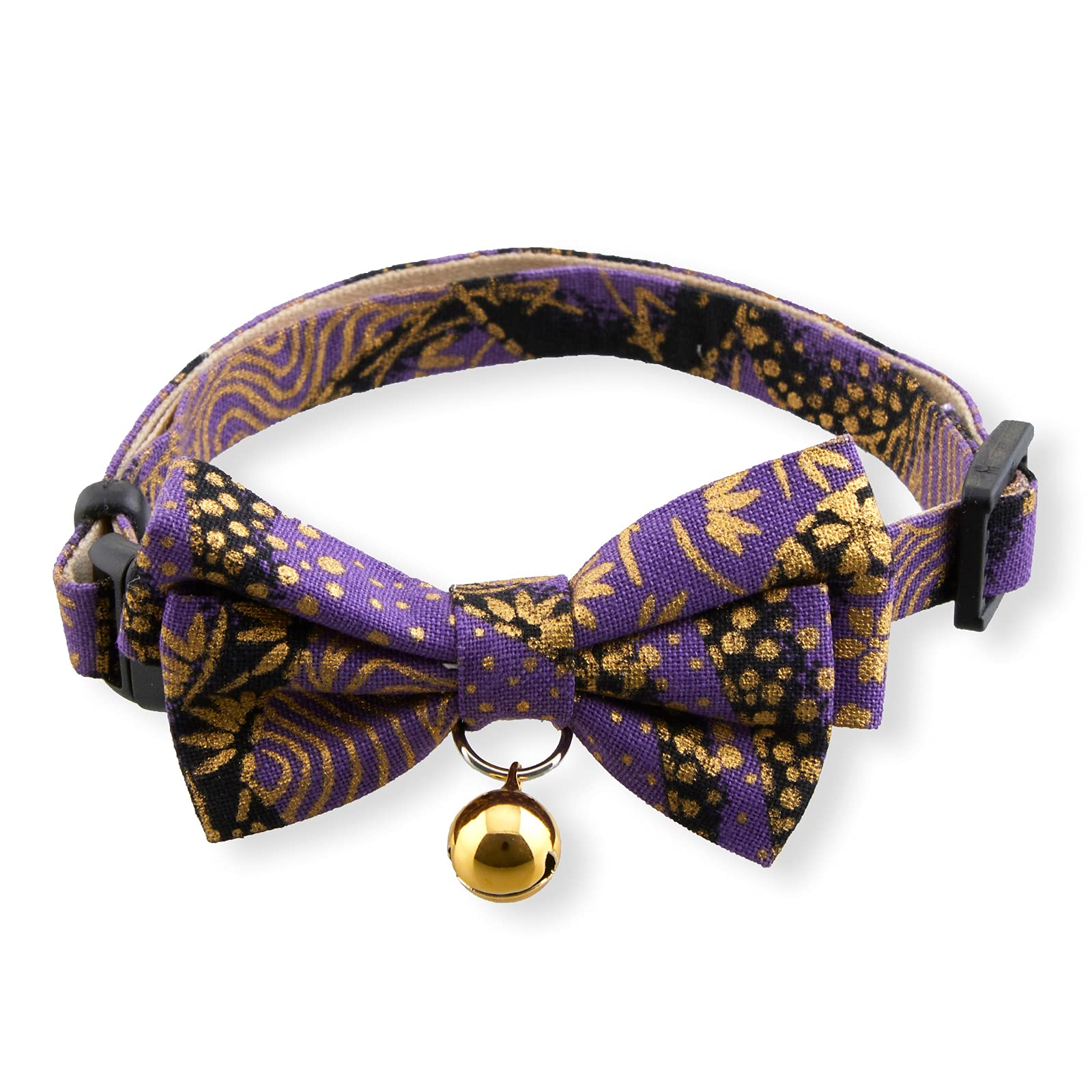 Gilded Gold Bow Tie Cat Collar (Purple) with Bell Safety Breakaway Soft Lightweight for Cats Kitty Kitten Japanese Stylish Pattern, No.1 Seller in Japan