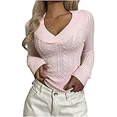SOLY HUX Women's V Neck Sweater Long Sleeve Cable Knit Slim Fit Casual Trendy Pullover Tops