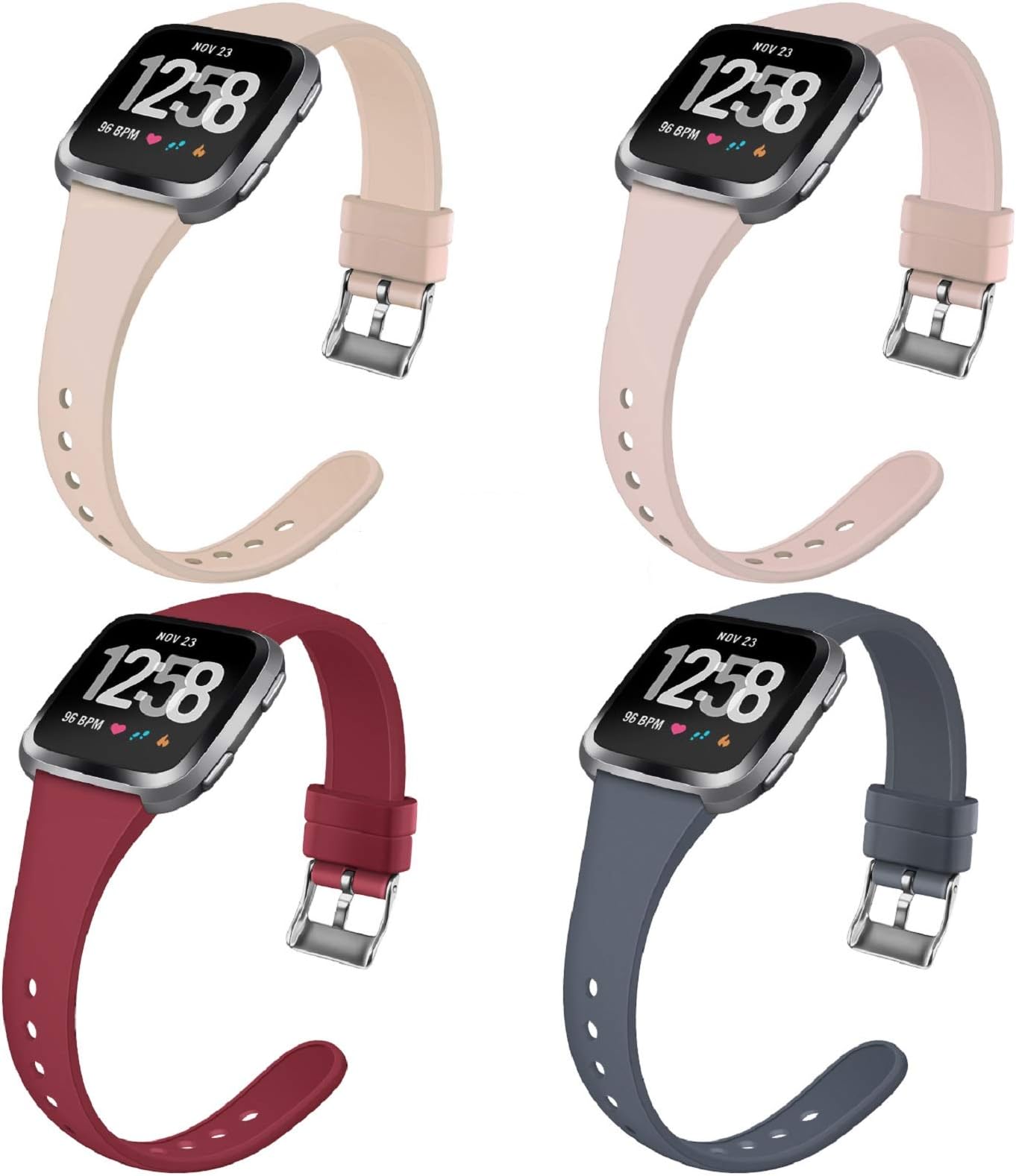 Coperr 4 Packs Bands Compatible with Fitbit Versa/Fitbit Versa 2/Fitbit Versa Lite for Women Men, Narrow Slim Soft Silicone Replacement Wristband for Fitbit Versa Smart Watch with Buckle Design