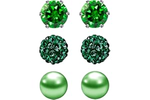 JEWELRIESHOP Birthstone Studs Earring Set Cubic Zirconia Rhinestones Crystal Ball Faux Pearl Stainless Steel Stud Earrings for Women Girl Jewelry Gift (6mm Round,3 Pairs)