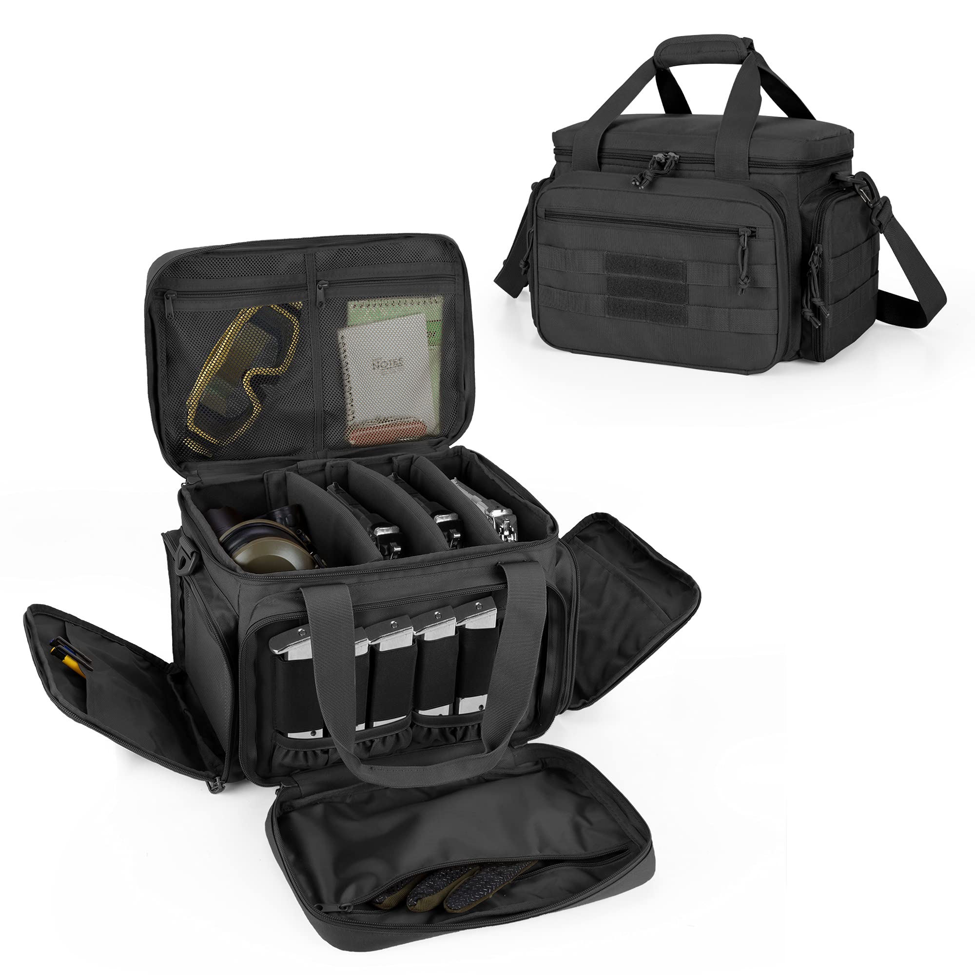 DSLEAF Gun Range Bag for 4 Pistols, Tactical Shooting Range Bag with 6X Magazine Slots and Extra Pockets for Ammo and Essentials