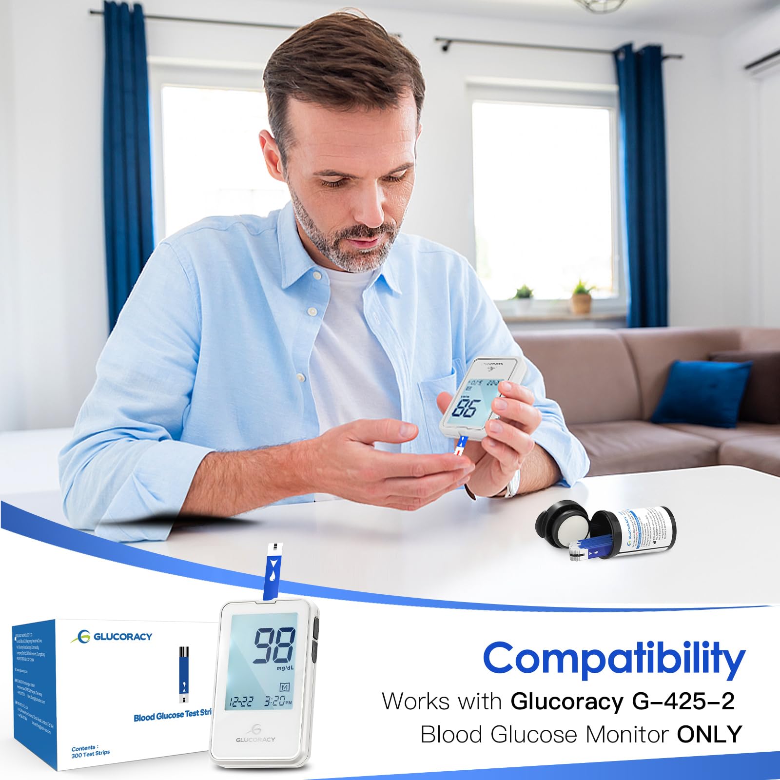 Glucoracy 300 Counts Blood Glucose Test Strips, Only Works with Glucoracy G-425-2/G-425 Blood Sugar Monitor, Self Diabetes Blood Glucose Home Monitoring, 6 Vials 50 Pieces Per Vial