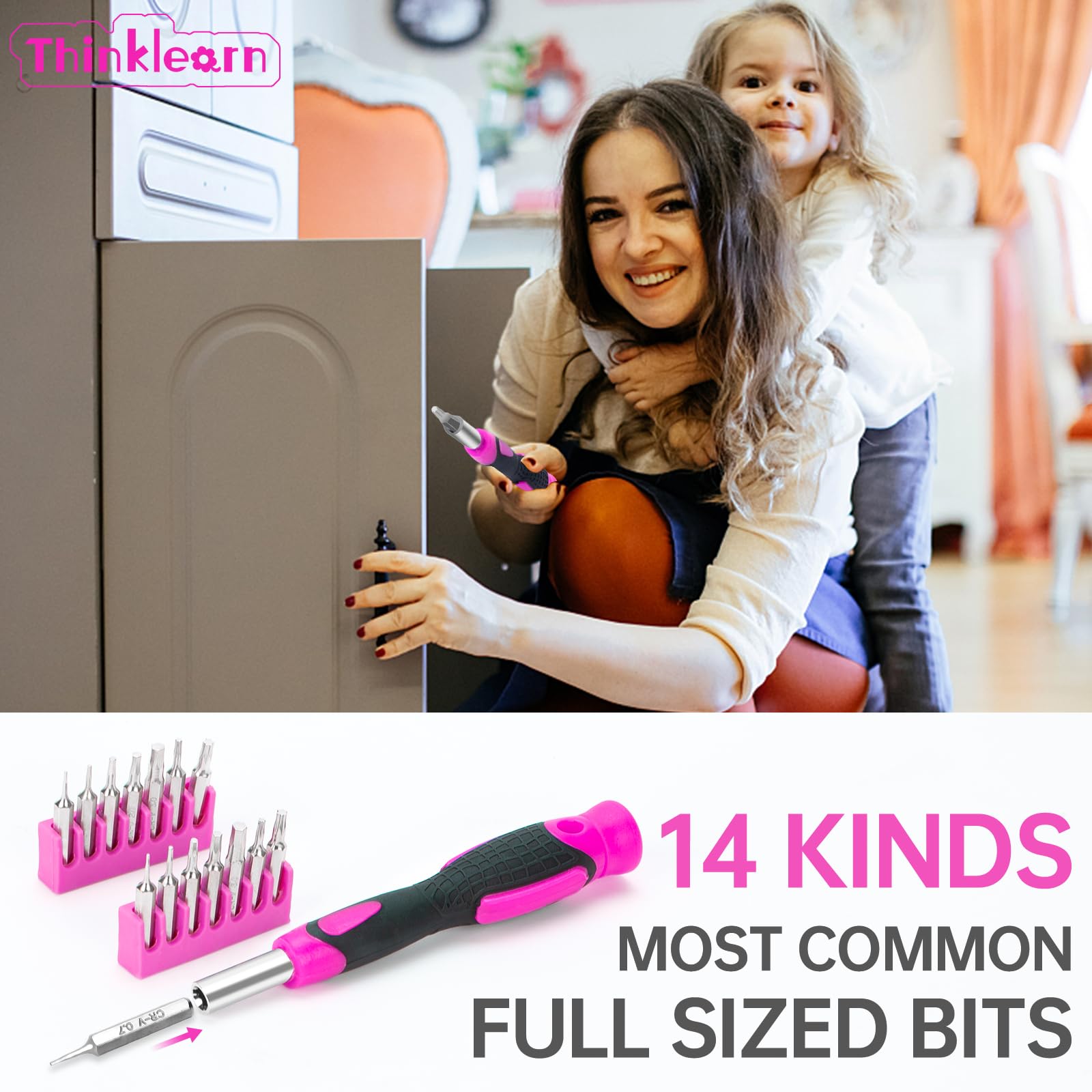 8V Pink Cordless Drill Set, 64 Pcs Pink Power Drill Tool Kit for Women, 3/8