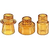Double Sided Vintage Ribbed Taper Glass Candle Holders,Tea Candle Holder for Table Centerpieces, Wedding Decorations and Dinner Parties (Amber, 3 PCS)