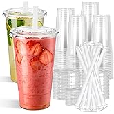 Joyeux 50 Pack 32 oz Clear Plastic Cups with Lids and Straws - Disposable Iced Coffee Cups for Large Matcha, Milkshakes, Smoo