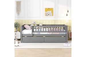 DEINPPA Twin Bed with Drawers, Kids Daybed with Storage, Wooden Bed Frame with Slat for Kids Children Toddlers Boys Girls-Grey