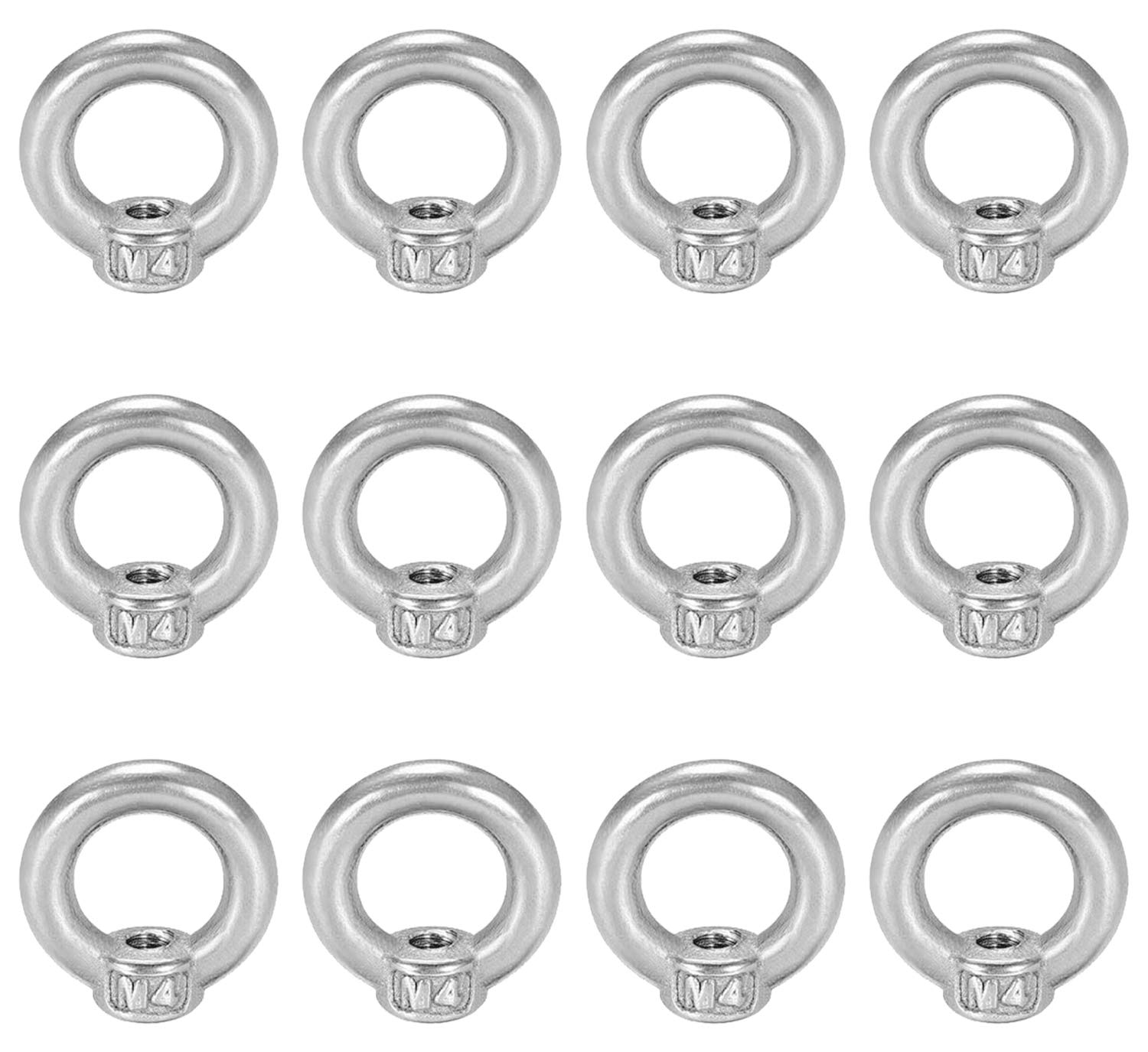 Lifting Eye Nut M4 12Pcs Ring Nut Stainless Steel Hardware Ring Shaped Female Threaded Nut Fastener for Rope Fitting, Lifting Accessories, Surface Polishing, Silver