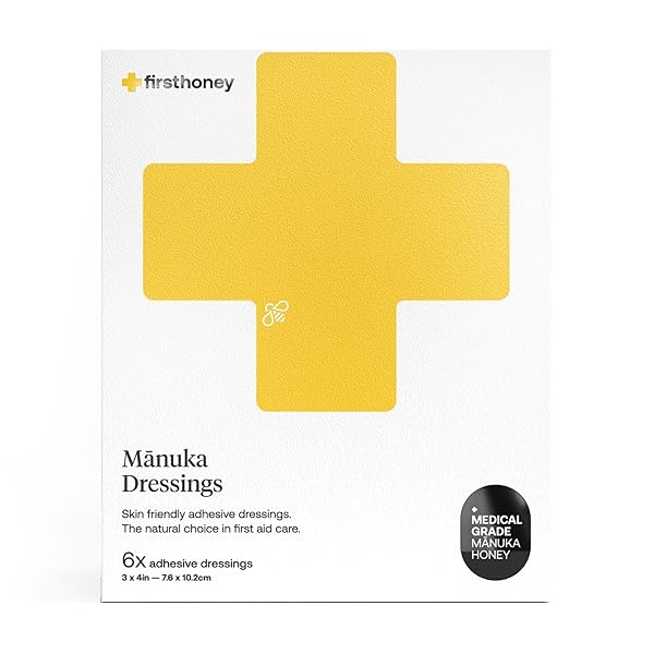 FIRST HONEY MANUKA HONEY ADHESIVE BANDAGES 6 PACK | LATEX FREE, ANTIBIOTIC FREE WOUND DRESSING | MEDICAL GRADE HONEY ADHESIVE PADS | FIRST AID CARE BURNS, CUTS, SCRAPES, WOUNDS, LACERATIONS