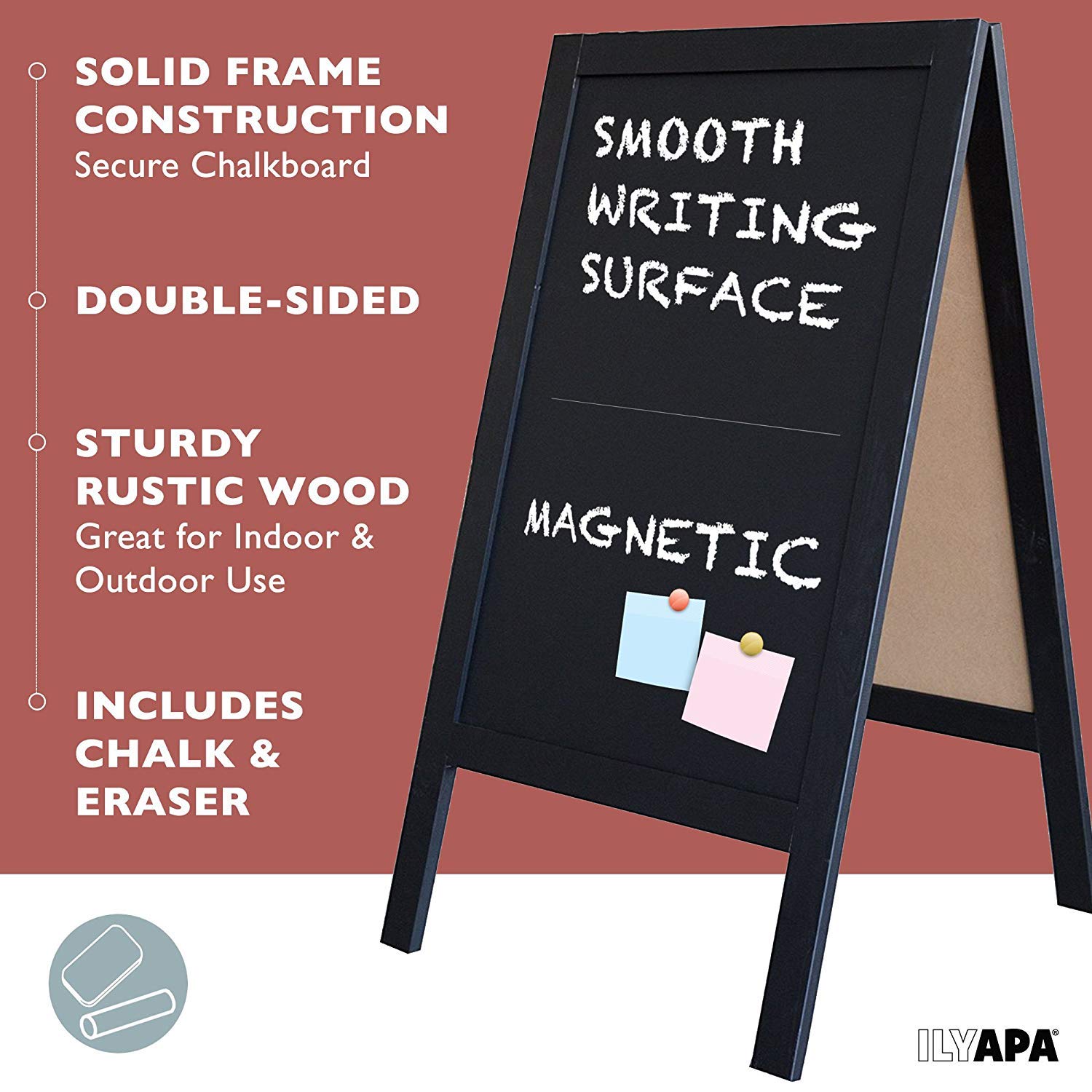 Wooden A-Frame Sign with Eraser & Chalk - 40" x 20" Magnetic Sidewalk Chalkboard – Sturdy Freestanding Black Sandwich Board Menu Display for Restaurant, Business or Wedding