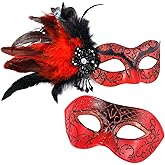 MYSEUNI Red Masquerade Mask for Couple -Masquerade Masks Women with Feathers & Venetian Mask Men for Mascarade Party, Mardi Gras, Halloween Cosplay Prom, Christmas