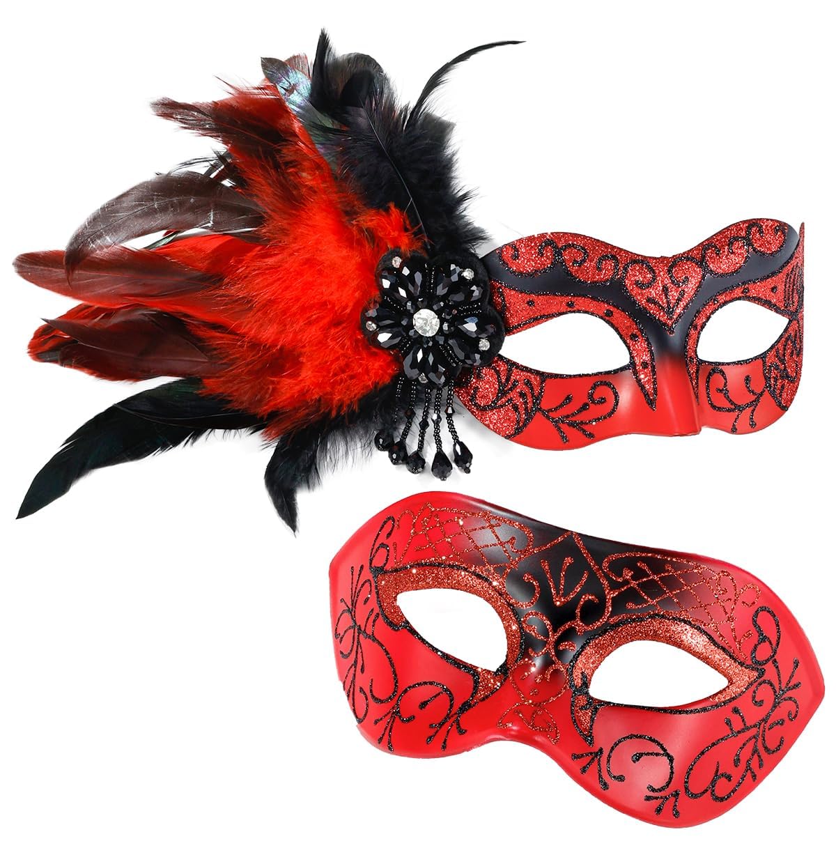 MYSEUNI Red Masquerade Mask for Couple - Venetian Mask with Feathers for Masquerade Party, Mardi Gras, Halloween Cosplay, Christmas