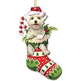 Bichon Dog Christmas Acrylic Flat Ornament - Adorable Bichon Puppy in Stocking with Santa Hat, Candy Canes for Festive Holiday Tree Decoration - 2024 Bichon Dog Christmas Tree Hanging Ornament