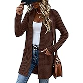 Velvelhall Women's Long Cardigan Sweater with Patch Pockets, Open Front Long Sleeve Lightweight Loose Ribbed Knit Coatigan