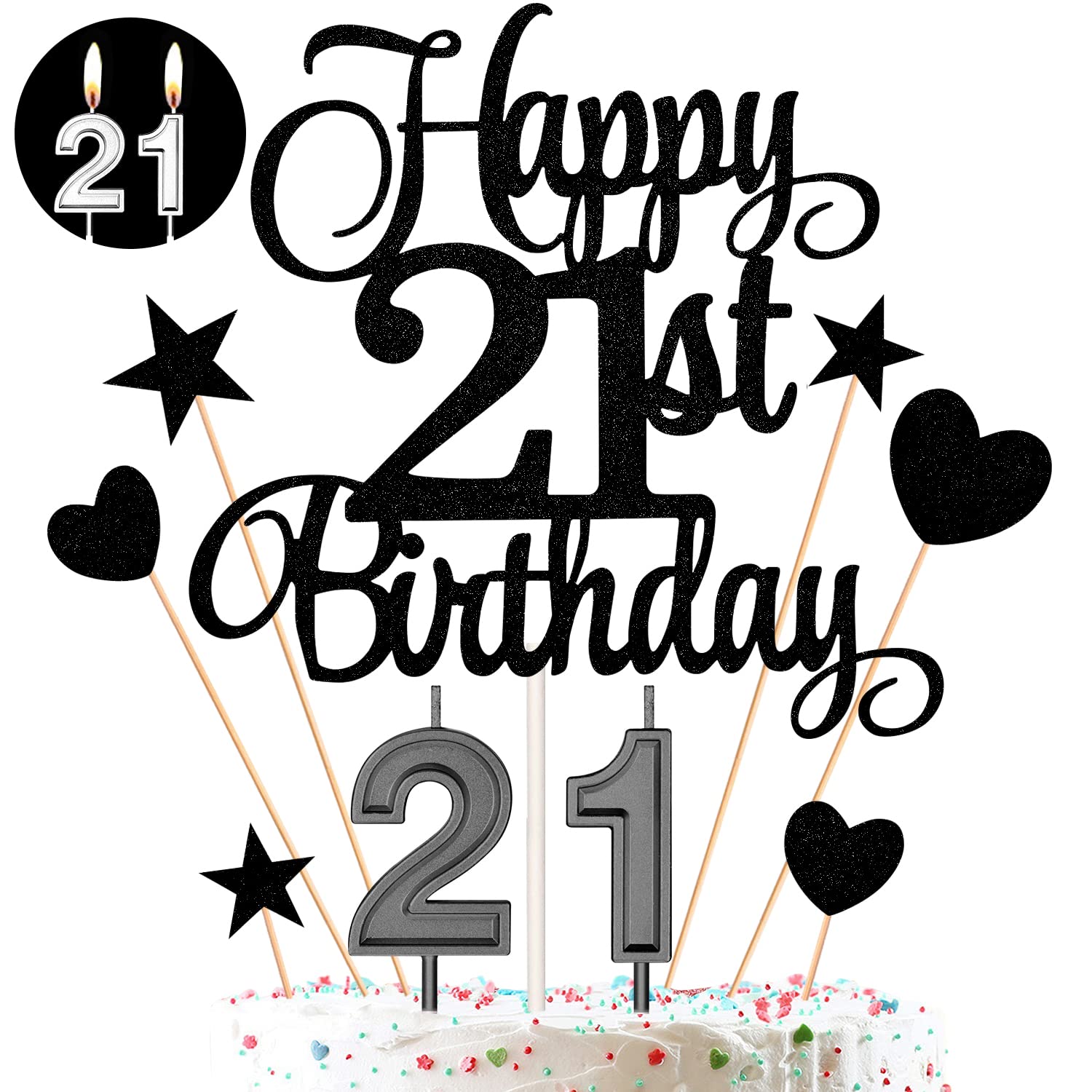 Photo 1 of 21st Birthday Cake Decorations Set Include Digital Candles 2&1 Numeral 21 Cake Candles and Happy 21st Birthday Cake Toppers with Heart Star Cupcake Picks for Birthday Party Supplies (Black Series)