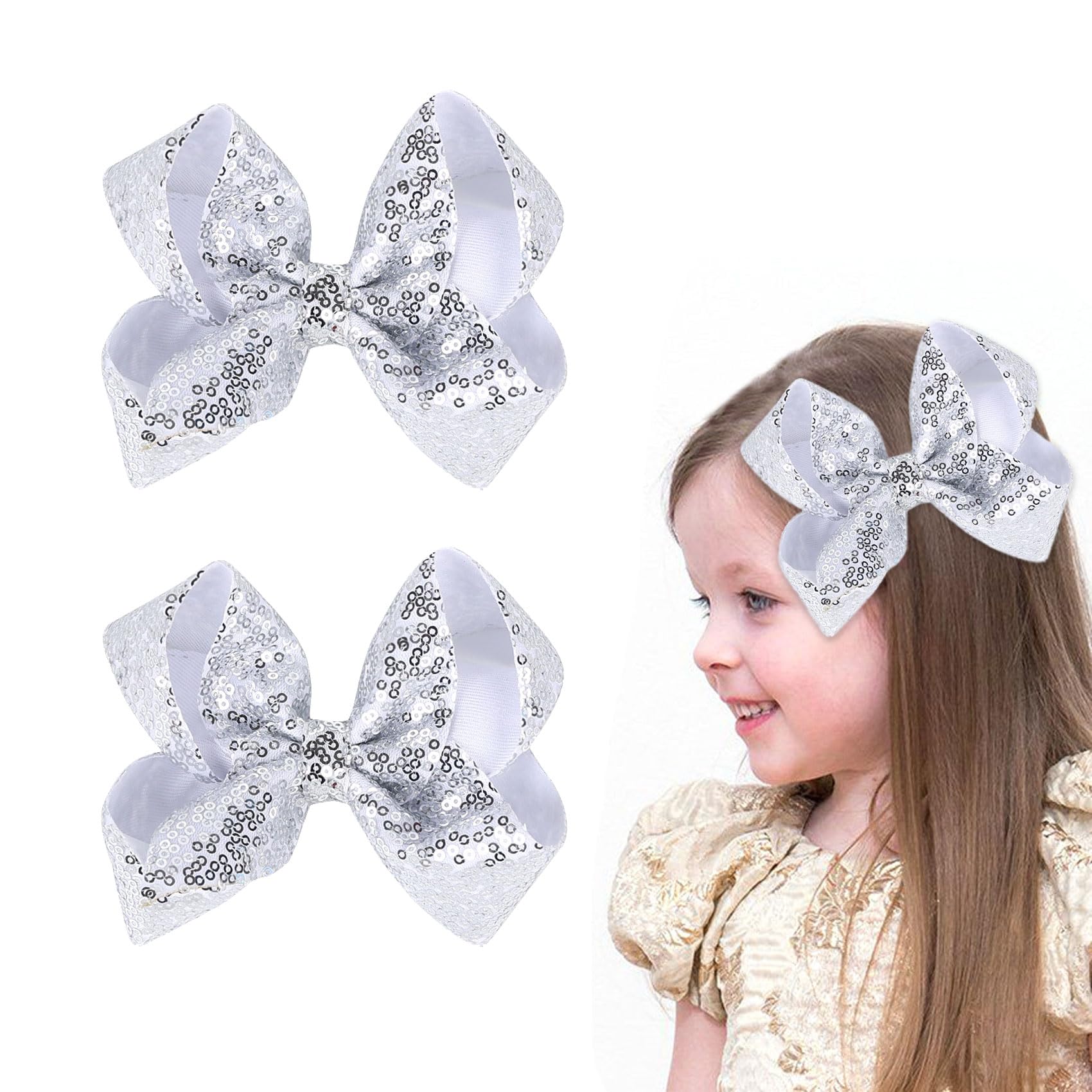 2 Pack 5 Inches Hair Bow Sequin Glitter Sparkle Bow Hair Clips Accessories for Girls Women(Silver)