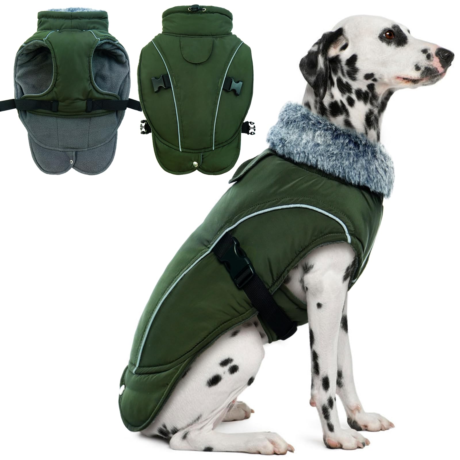 DENTRUN Winter Warm Dog Coat Reflective Jacket with Turtleneck for Cold Weather, Adjustable Buckle Windproof Water Repellent, Thick Snowsuit Fleece Vest for Small, Medium, Large Dogs, Green, L Image