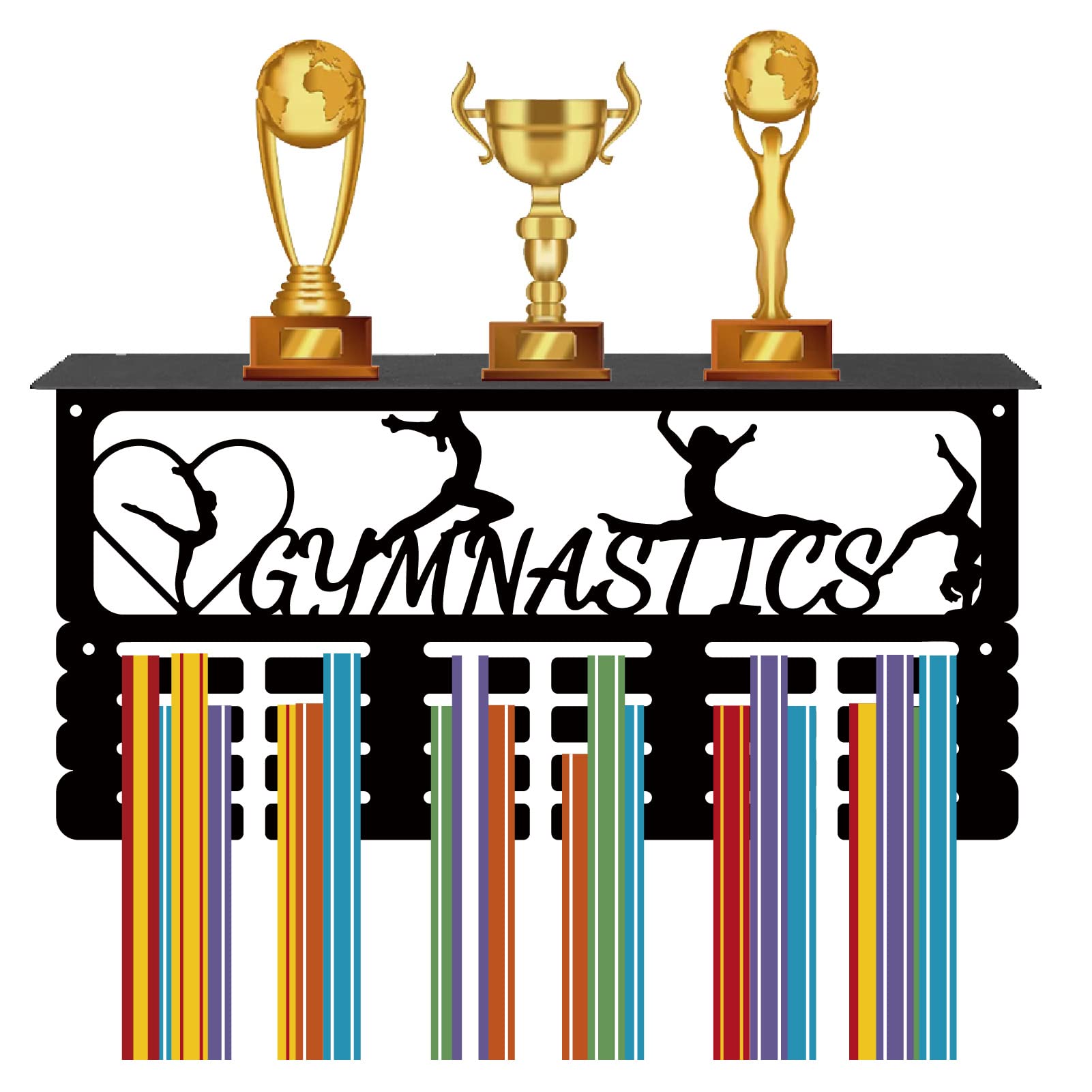 CREATCABIN Gymnastics Medal Holder Trophy Shelf Medal Hanger Display with Shelf Stand Sports 4 Rows Wall Mount Hold 70+ for Women Gymnastics Soccer Running Swimming Awards Rack 15.7 x 7.9 Inch