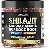 Organic Shilajit Gummies, Sea Moss, Ashwagandha, 105+ Trace Minerals – Organic Burdock Root & Lions Mane Mushroom – Watermelon Flavor - Vegan & Non-GMO – Made in USA – 60ct