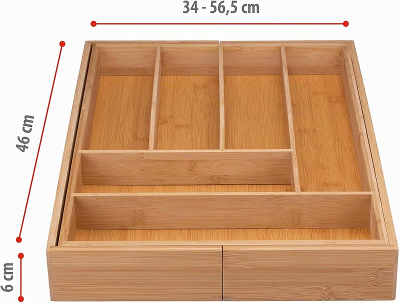 Organizador de gavetas - Talheres de gaveta de cozinha extensíveis 46x34-56,5x6 cm - Caixa organizadora de utensílios até 8 compartimentos - Para utensílios de cozinha, óculos de sol e mais - Bambu