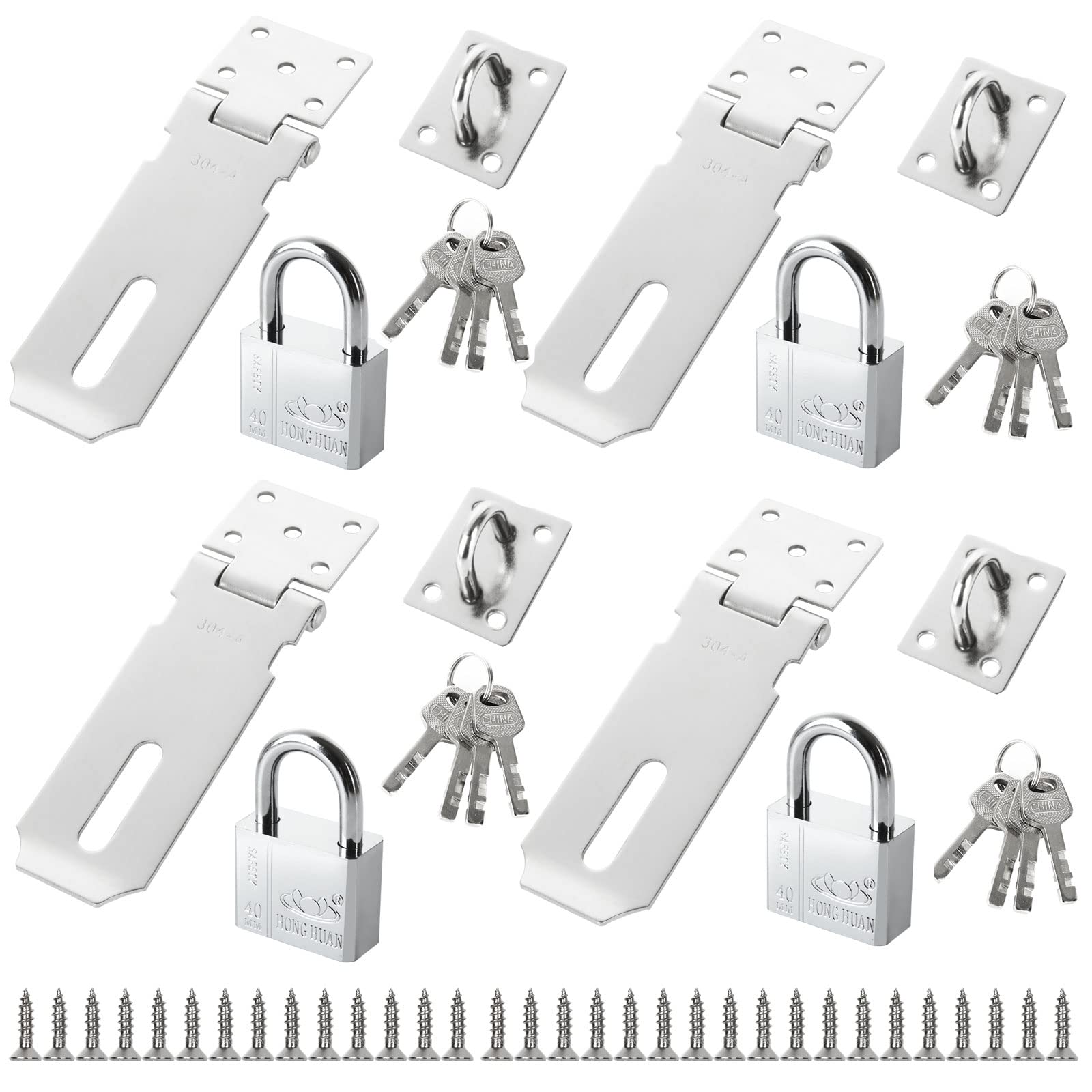 GOYADA 4 Sets Hasp and Staple with Padlock, 4 Inch Door Lock Hasp Staple Heavy Duty, Stainless Steel Door Padlock Hasp with Keys for Wooden Gate Shed Barn Bedroom Garage Door (Silver)