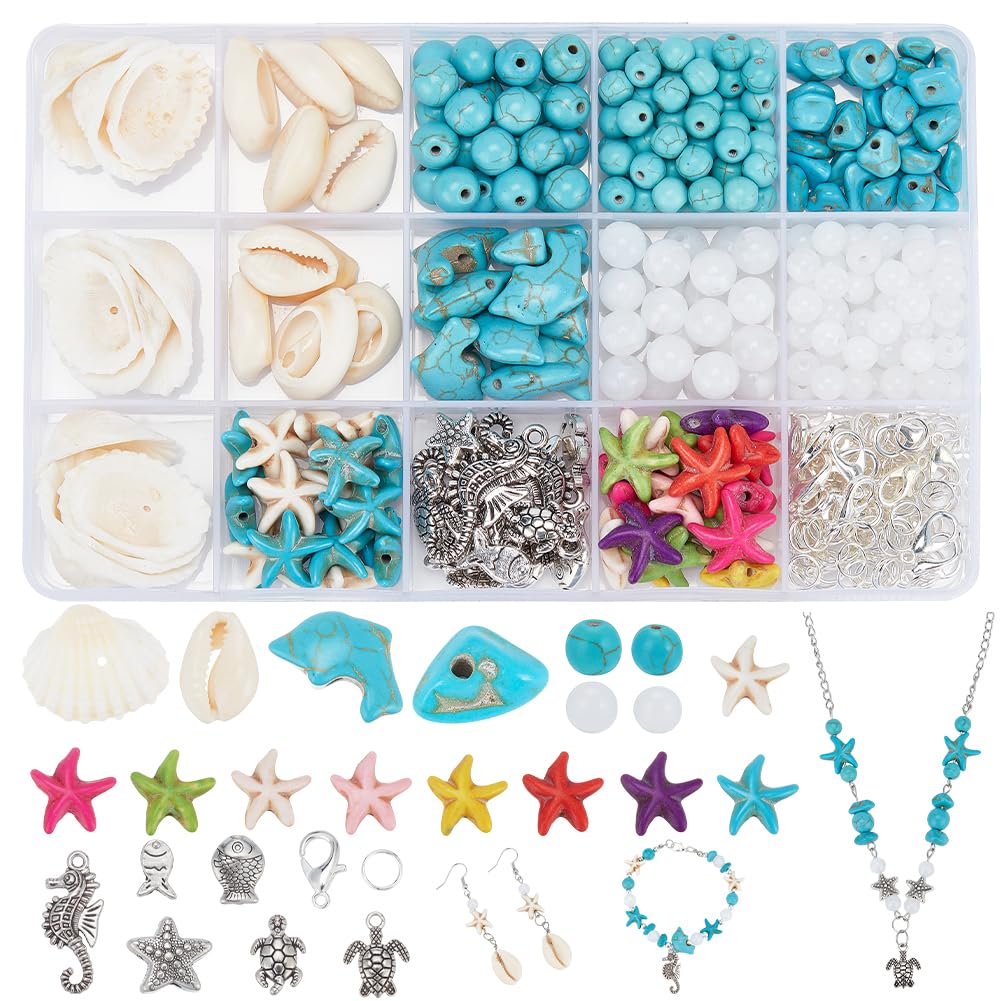 PH PandaHall 406pcs Ocean Jewellery Making Kit Starfish Seashell Beads Synthetic Turquoise Beads Tortoise Fish Beads Cowrie Shell Beads for Christmas Winter Necklace Earring Bracelet Anklet Making