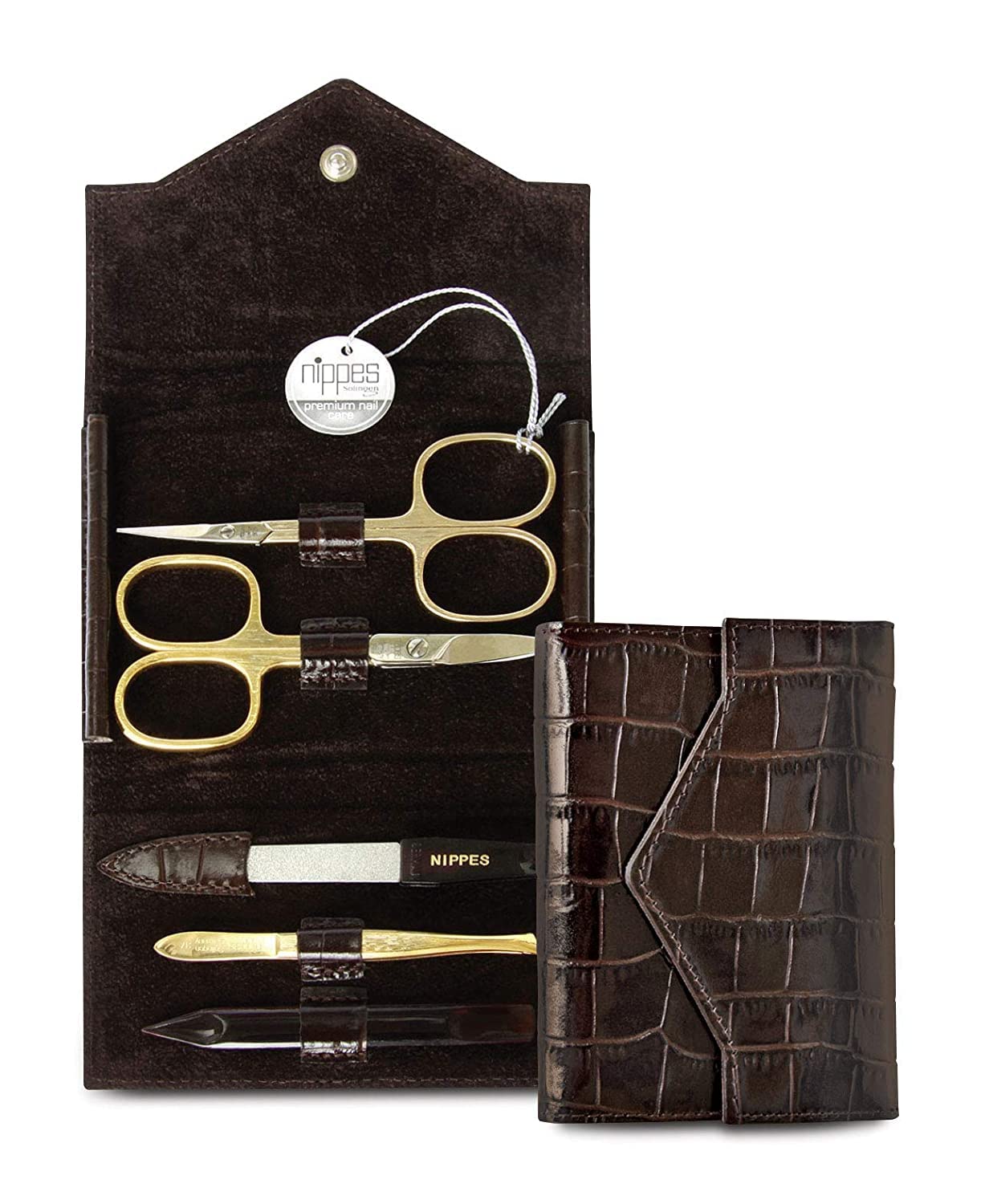 nippes Solingen Premium Line Croco Manicure Set, 5 Pieces, Nickel-Plated and Gold-Plated Nail Care Set, Cowhide Leather Case in Crocodile Design, Manicure Pedicure, Made in Germany