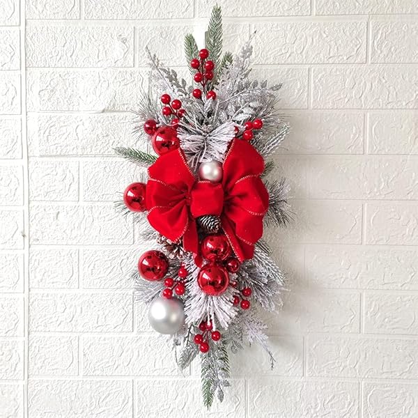 ARTIFICIAL CHRISTMAS SWAG CORDLESS PRELIT TEARDROP SWAGS CHRISTMAS WREATH WITH LIGHTS RUSTIC STAIR GARLAND WITH CHRISTMAS BALL 30LIGHT CHRISTMAS SWAGS STAIRCASE MAILBOX FRONT DOOR WALL DECORATIONS (A)