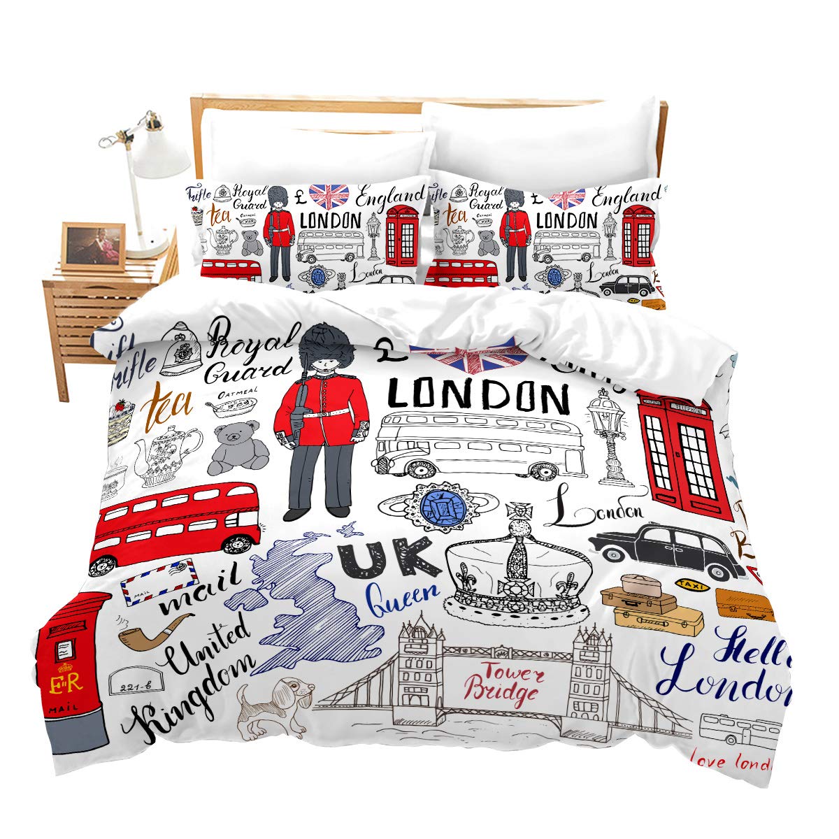 Doodle Duvet Cover Set for Kids Teens Girls Boys London King Decker Bus Telephone Booth Cab Crown of United Kingdom Big Ben, 3 Piece Bedding Set Super King Bespread Zipper Red