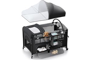 Obee Odee 4 in 1 Baby Bassinet, Pack and Play, Bedside Crib Sleeper, Diaper Changer - Comes with Mattress, Mosquito Net，Bottom Storage and Toy Bar for Newborn to Toddles