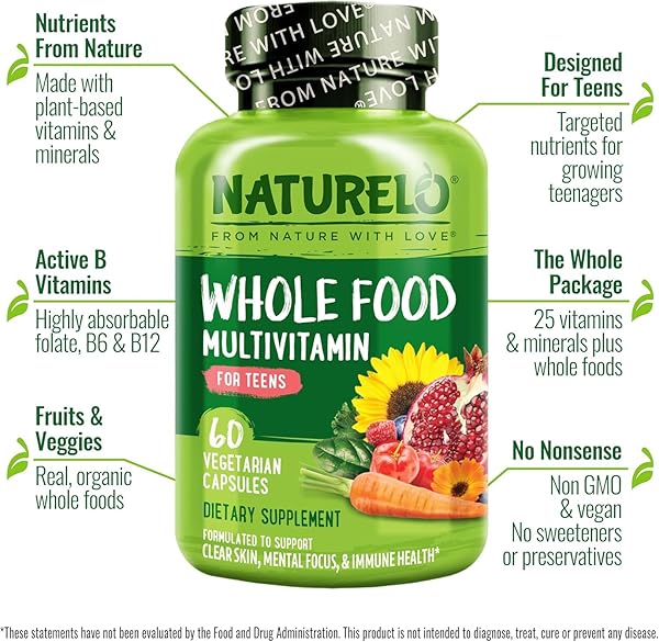 NATURELO TEEN MULTIVITAMIN – WHOLE FOOD MULTIVITAMIN – WITH MINERALS FOR TEENAGE BOYS & GIRLS – SUPPLEMENT FOR ACTIVE KIDS – NON-GMO – VEGAN & VEGETARIAN – 60 CAPSULES
